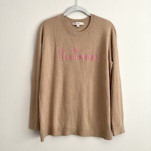 Loft Crew Neck French Embroidered Graphic Sweater Size Medium Beige Preppy